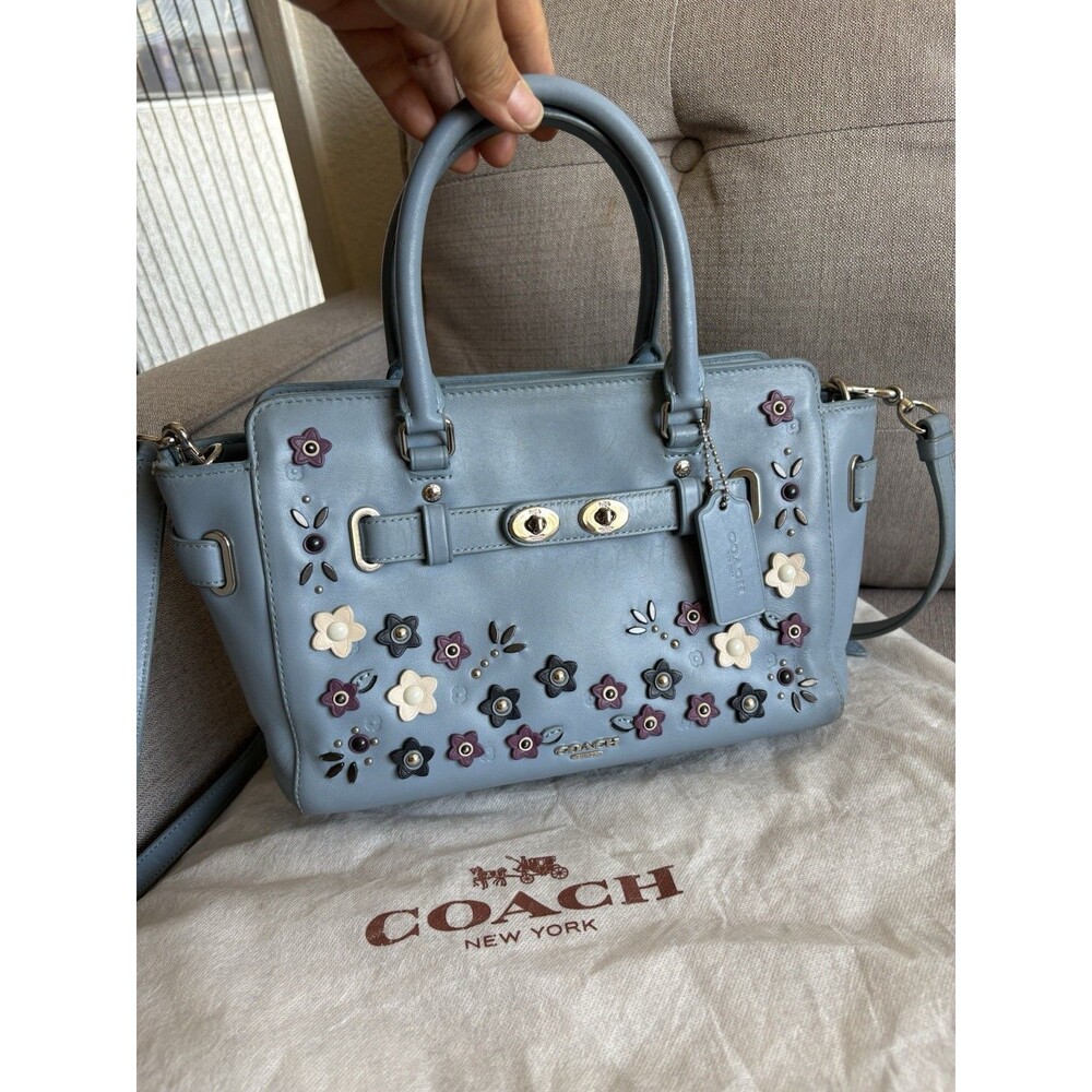 COACH F59450 Blue Carryall 25 Leather Satchel Crossbody Bag Floral Applique